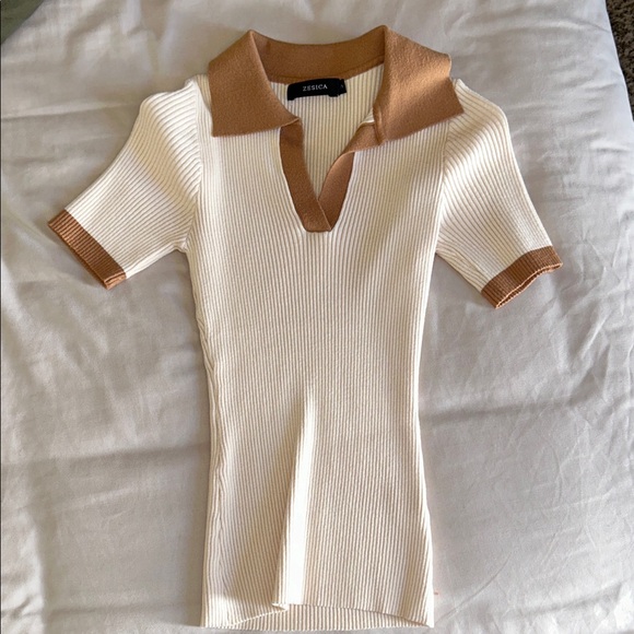 Tops - Women's Cream and Tan Ribbed Polo Top